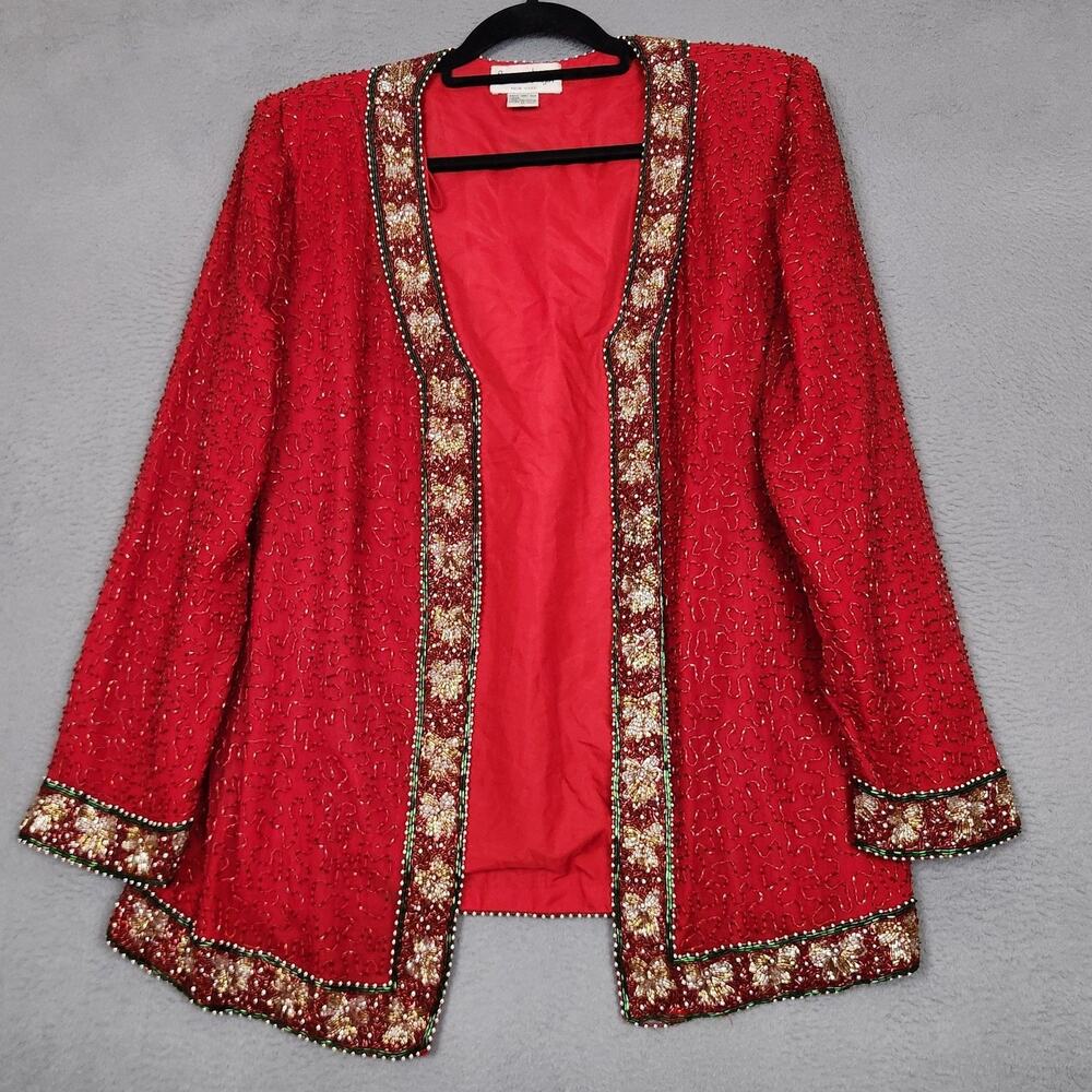 Laurence Kazar Jacket Womens 1X Red Beaded Silk Open Front Holiday Bejeweled